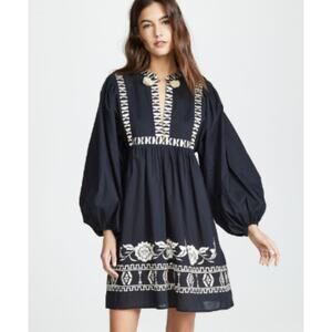 Figue Embroidered Mini Dress L Black Boho Balloon Sleeve Festival Peasant Style